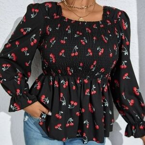 Shein Cherry Print Square Neck Flounce Sleeve Peplum Blouse